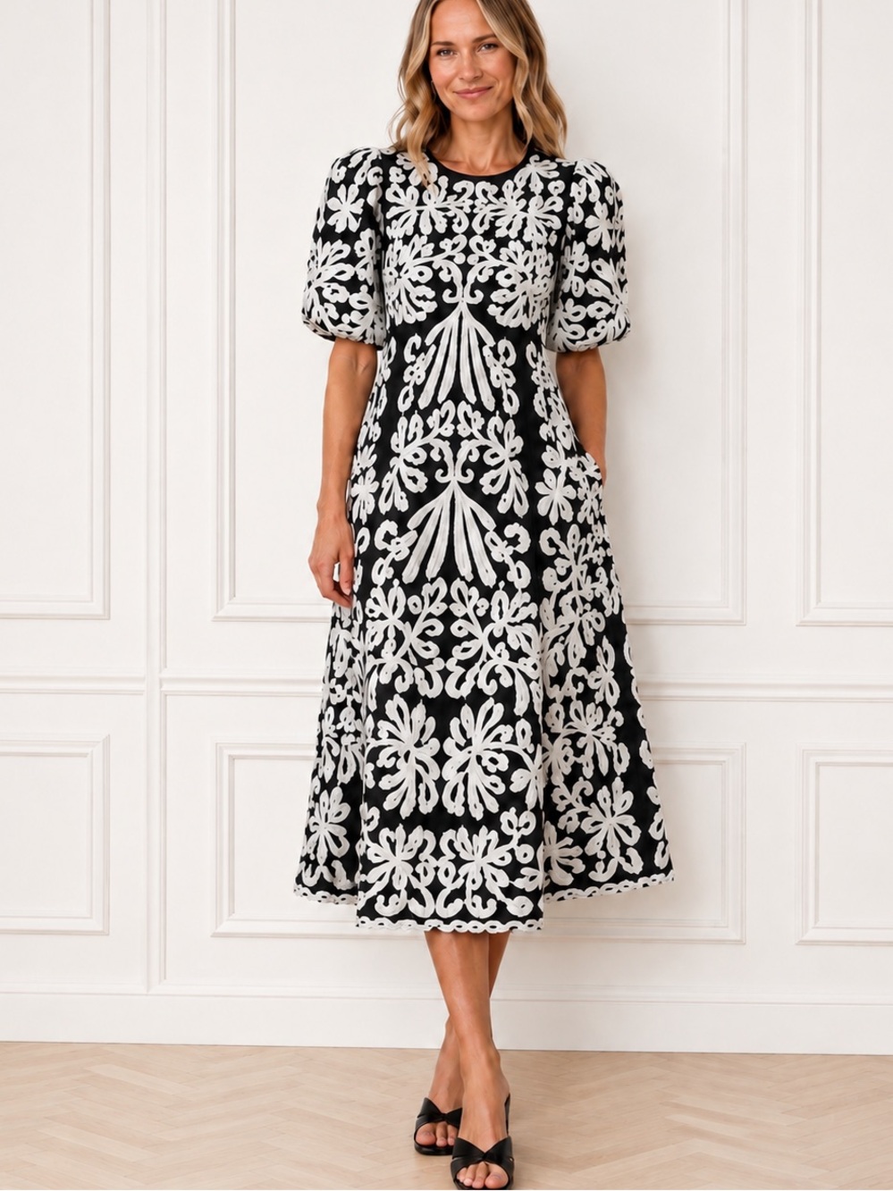 Sea New York Agathe Floral Appliqué Midi Dress Puff Sleeve Black White 6
